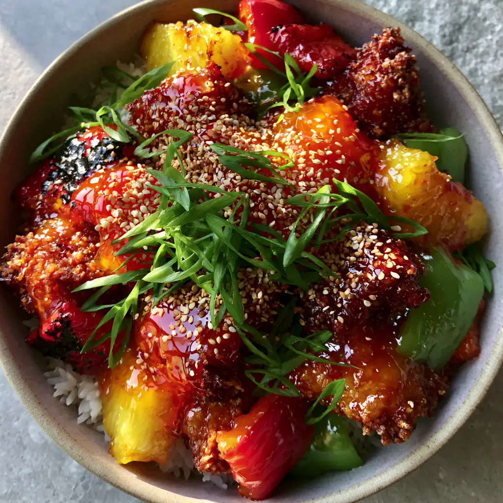 Sweet and Sour Chicken Recipe: The Secret to a Glossy, Craggy Crunch 1 Overhead shot of sweet and sour chicken featuring charred red peppers and caramelized pineapple wedges.