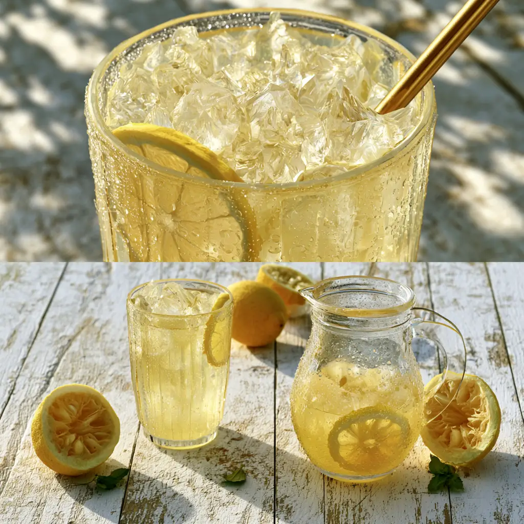 Close-up macro shot of Classic Lemonade showing heavy condensation, ultra-thin lemon wheels, and a gold metal straw.