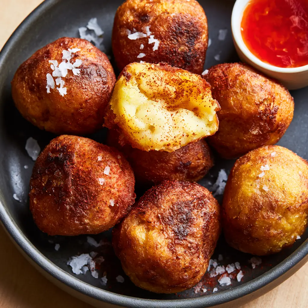 Plantain Balls Recipe: Crispy Nigerian Mosa with Red Chili Sauce 2 Extreme close-up of Nigerian Mosa plantain balls showing crinkled texture and caramelized spots. (plantain balls recipe)