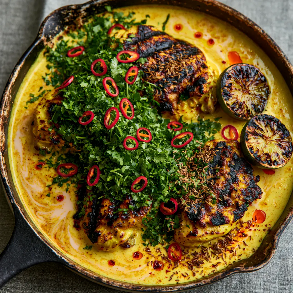 Kuku Paka: Authentic East African Coconut Chicken Curry 2 Close up of charred chicken thighs in a golden coconut sauce with red bird's eye chilies and cilantro. (Kuku Paka)