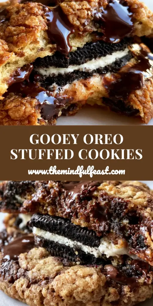 Oreo Stuffed Chocolate Chip Cookies: The Ultimate Giant Bakery-Style Recipe 4 A giant Oreo stuffed chocolate chip cookie broken in half showing a soft white cream center and glistening dark chocolate pools.