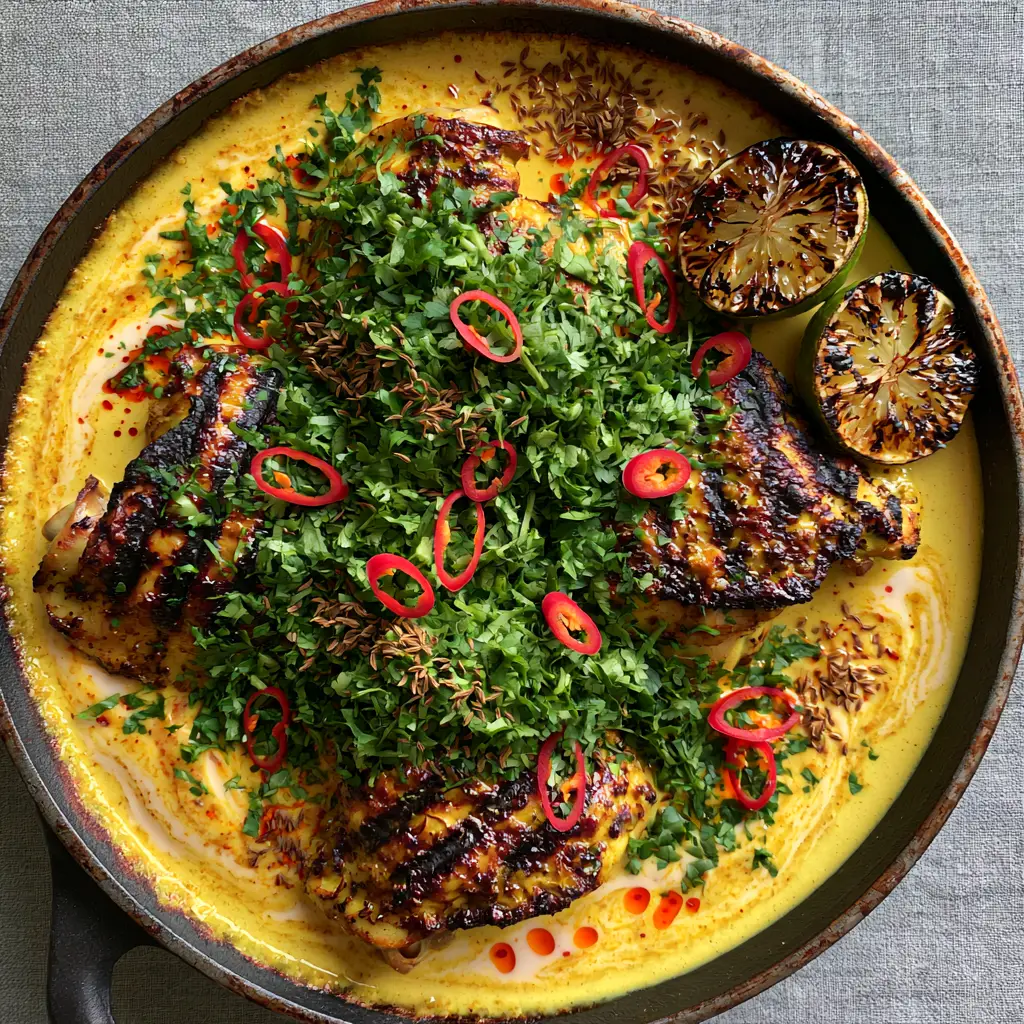 Kuku Paka: Authentic East African Coconut Chicken Curry 1 Kuku Paka served in a black skillet showing white coconut milk swirls and droplets of red chili oil.