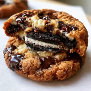 Handheld photo of a giant Oreo stuffed chocolate chip cookie on parchment paper with a golden-brown cracked crust.