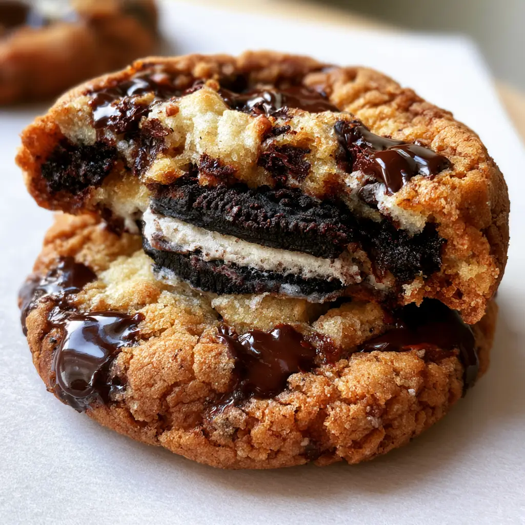 Oreo Stuffed Chocolate Chip Cookies: The Ultimate Giant Bakery-Style Recipe 2 Handheld photo of a giant Oreo stuffed chocolate chip cookie on parchment paper with a golden-brown cracked crust.