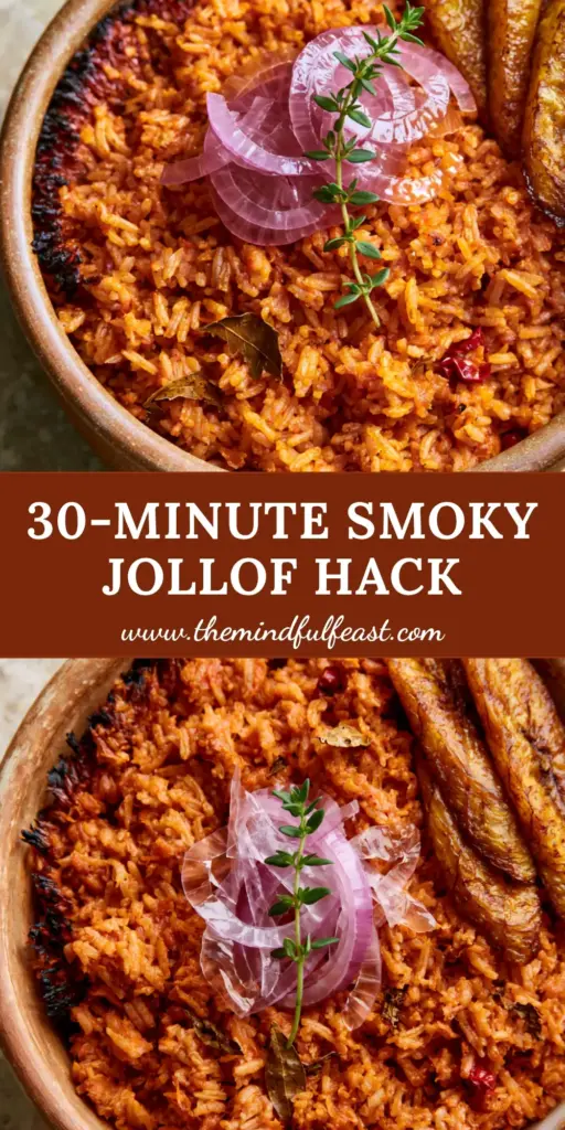 A steaming bowl of Nigerian Smoky Jollof Rice with caramelized plantains and red onion rings. (Nigerian lunch recipes)