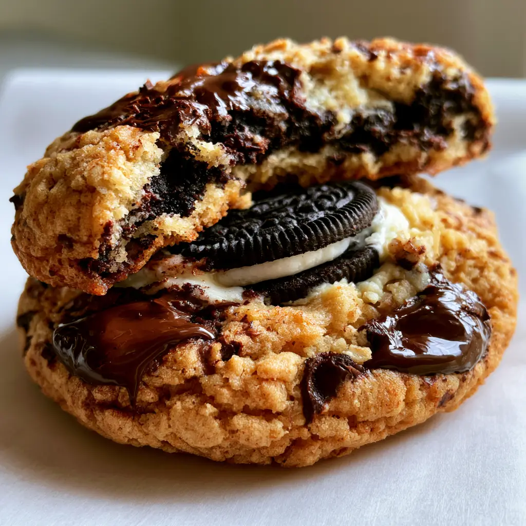 Oreo Stuffed Chocolate Chip Cookies: The Ultimate Giant Bakery-Style Recipe 1 Close-up of melted dark chocolate pools and double-stuffed Oreo center in a chocolate chip cookie.