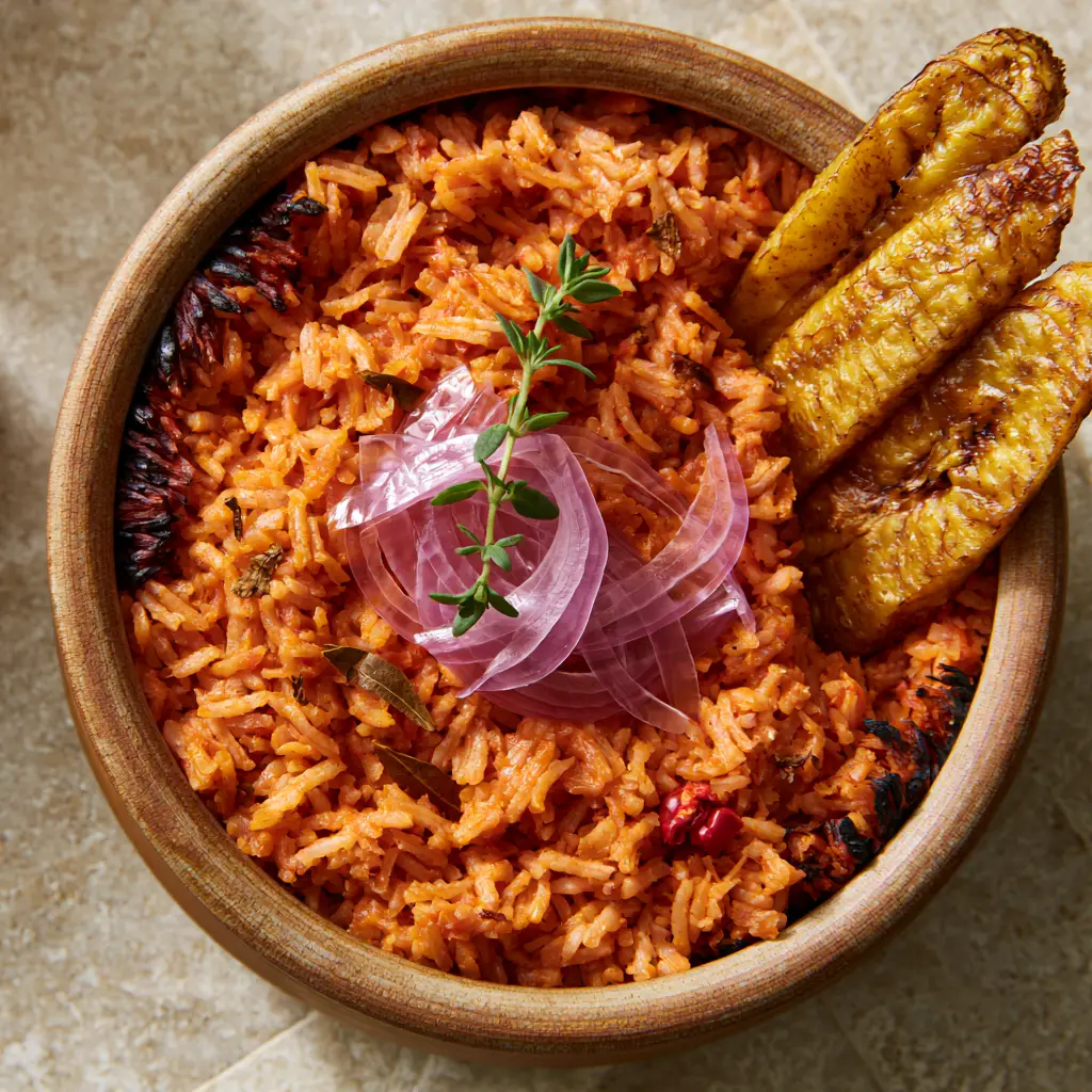 A rustic bowl of Jollof rice featuring charred bits, fresh thyme, and caramelized plantain slices.