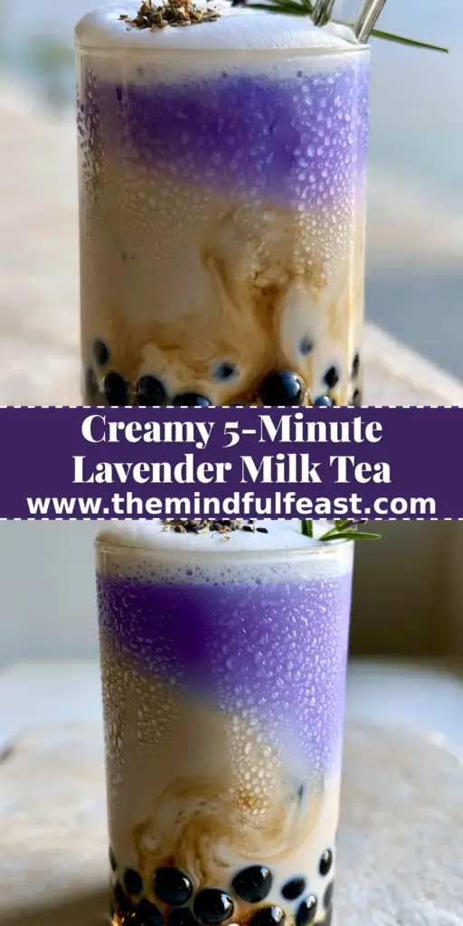 Lavender Milk Tea Recipe: The Ultimate Aesthetic Layered Boba Guide 4 A tall glass of layered lavender milk tea with purple infusion, beige Earl Grey, and black boba pearls.