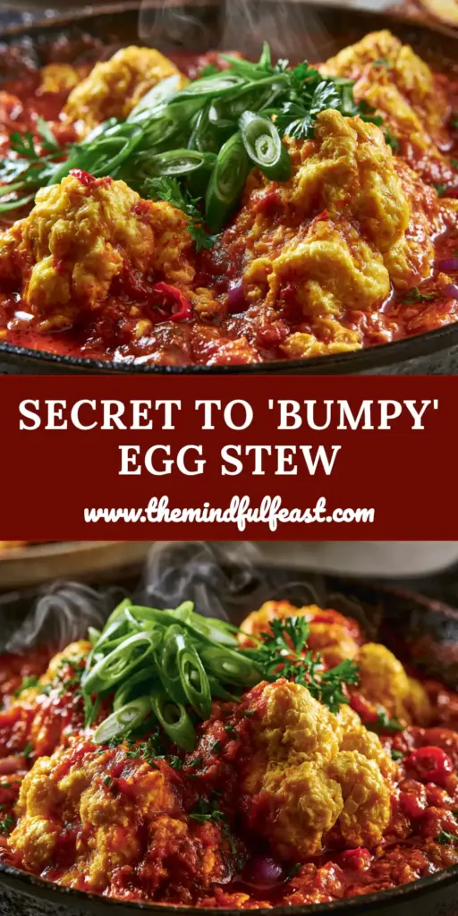 A close-up shot of Nigerian Egg Stew in a cast iron skillet with thick golden egg clusters, crimson pepper sauce, and fresh scallions.