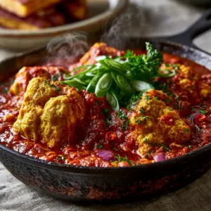 Detailed smartphone photo of Nigerian Egg Stew showing the high-contrast shadows on thick bumpy eggs and steam rising.