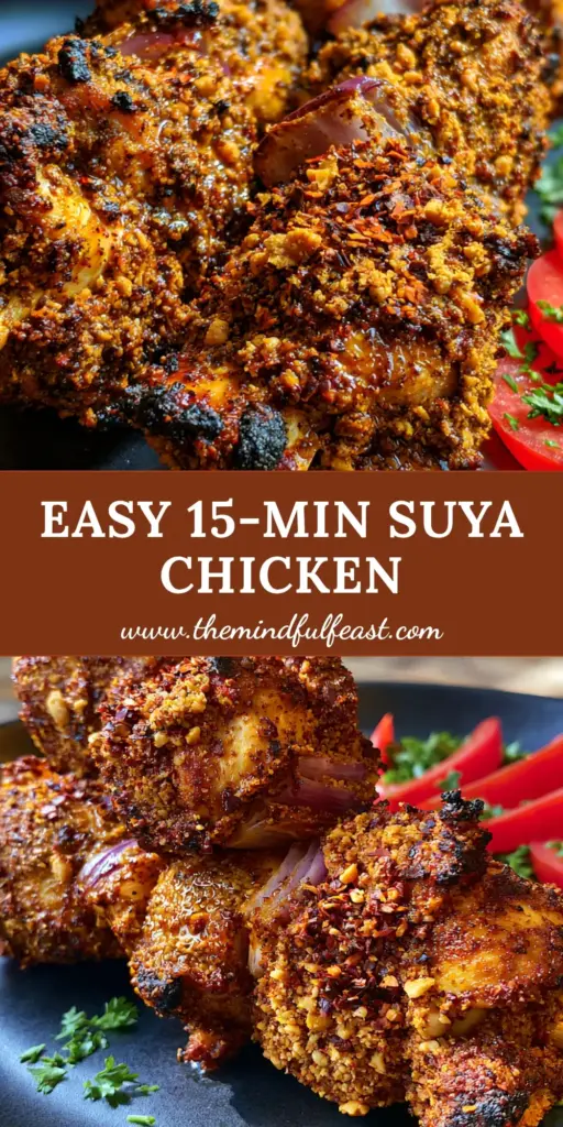 A professional Pinterest pin for Suya chicken featuring three skewers on a dark plate with fresh garnishes.