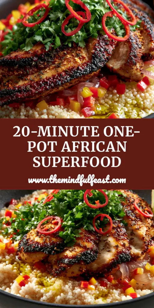 A steaming matte-black ceramic pot of ivory fonio grains topped with charred chicken and vibrant peppers. (African dishes)