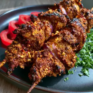 Extreme close-up of three Nigerian Suya chicken skewers with charred edges and a thick peanut spice rub on a matte plate. (Suya chicken)
