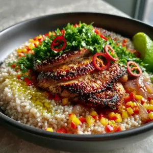 Macro shot of fluffy ivory fonio grains with seared chicken and red chili rings. (African dishes)