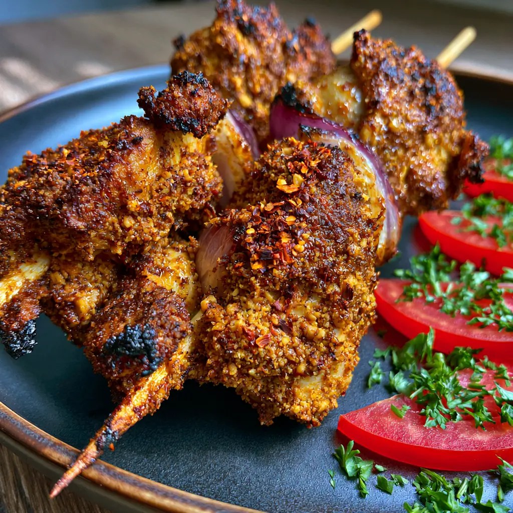 High-angle smartphone photo of Suya chicken skewers garnished with tomato wedges and parsley on a neutral background.
