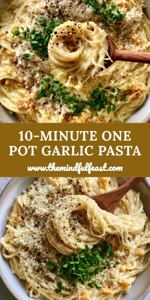 A top-down view of Creamy garlic butter pasta in a shallow ceramic bowl with steam rising and a wooden spoon swirl.
