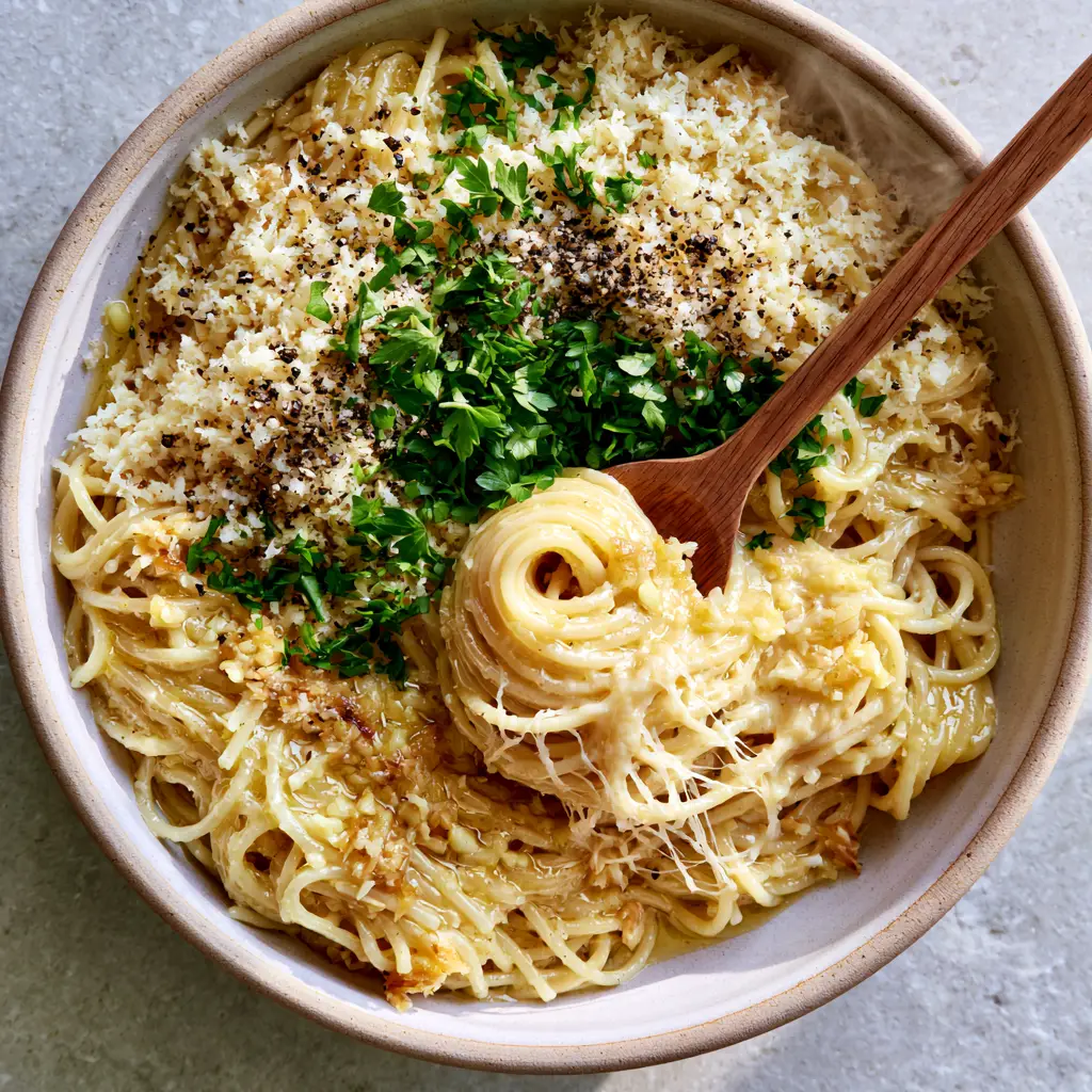 Wide shot of the ceramic bowl with a snowfall of parmesan and vibrant green parsley. (Creamy garlic butter pasta)