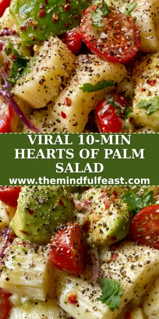 Hearts of Palm Salad with Creamy Avocado and Zesty Lime Vinaigrette 4 A vibrant hearts of palm salad with avocado chunks, cherry tomatoes, and red onion in a matte white bowl on a marble countertop.