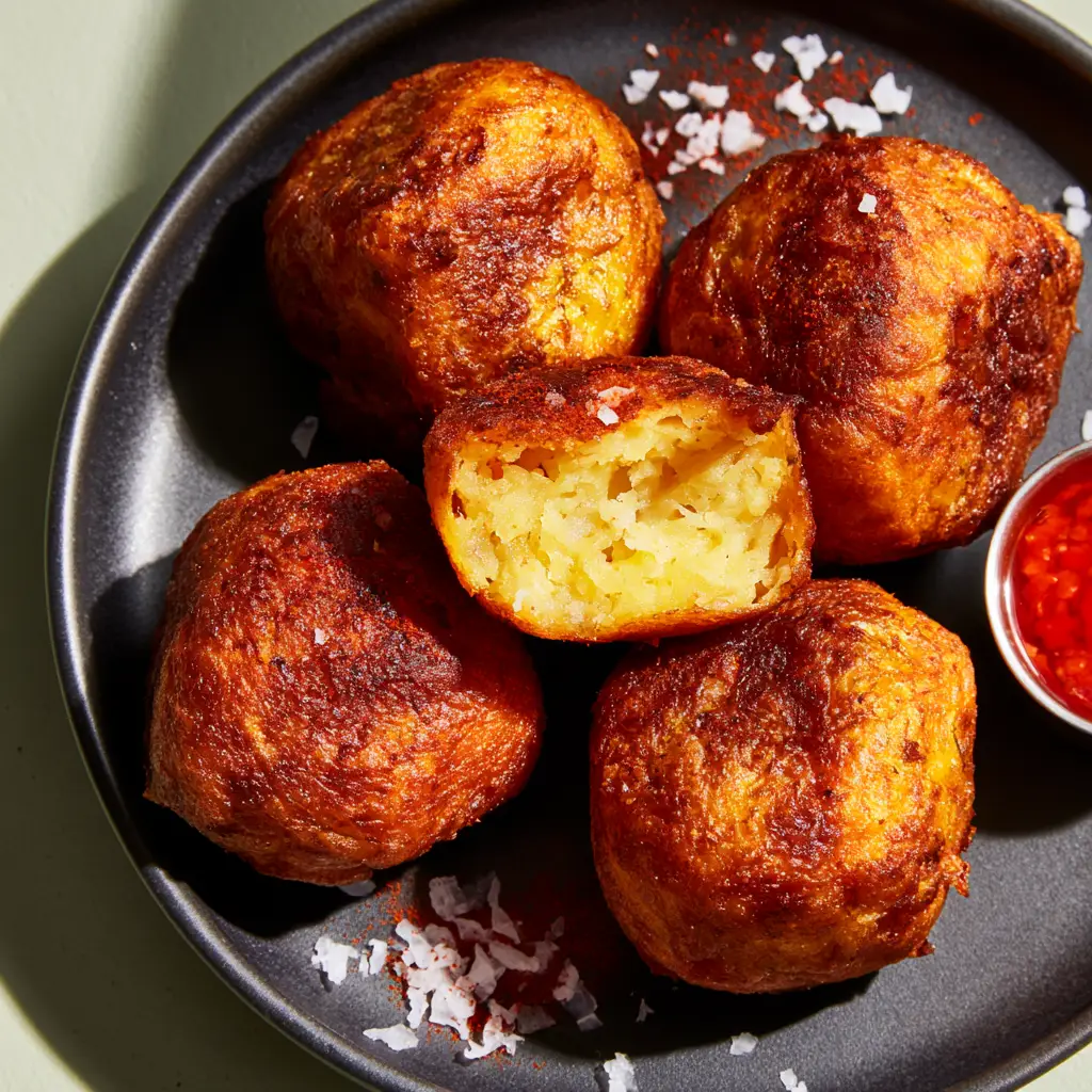 Plantain Balls Recipe: Crispy Nigerian Mosa with Red Chili Sauce 1 One plantain ball split open to reveal a soft, steaming pale yellow interior on a charcoal plate.