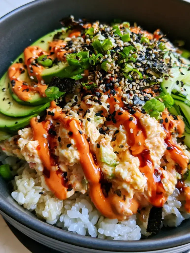Spicy Crab Sushi Bowls with Creamy Kani and Sriracha Mayo 2 Close-up 45-degree shot of pearlescent sushi rice topped with creamy kani salad and sriracha drizzle. (Spicy Crab Sushi Bowls)