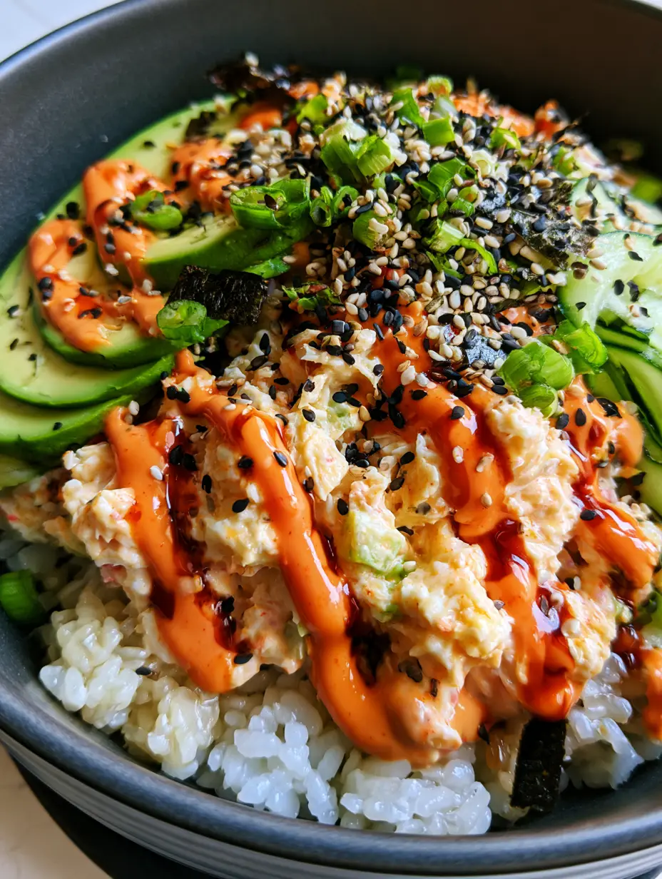 Spicy Crab Sushi Bowls with Creamy Kani and Sriracha Mayo 3 Close-up 45-degree shot of pearlescent sushi rice topped with creamy kani salad and sriracha drizzle. (Spicy Crab Sushi Bowls)