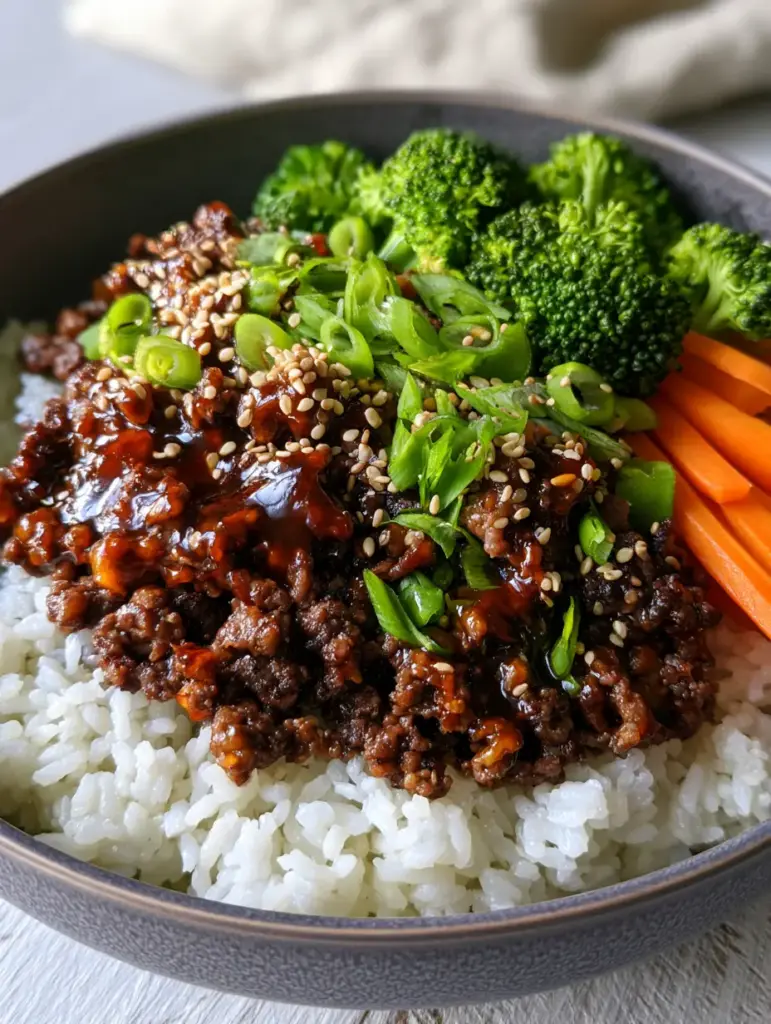 Teriyaki Bowl with Glossy Ground Beef and Crisp-Tender Broccoli 2 Overhead view of a Teriyaki Bowl showing the individual grains of jasmine rice and the light-reflective amber glaze on the beef.