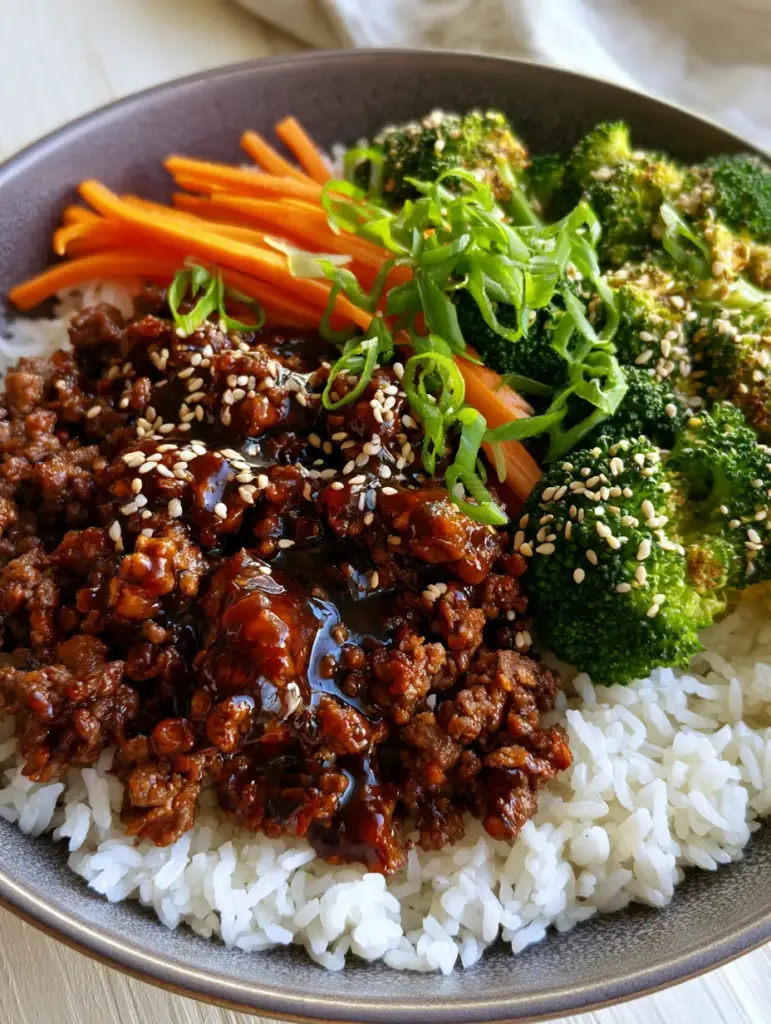 Teriyaki Bowl with Glossy Ground Beef and Crisp-Tender Broccoli 1 Close-up of seared ground beef crumbles saturated in a thick, dark, glossy teriyaki sauce garnished with white sesame seeds.