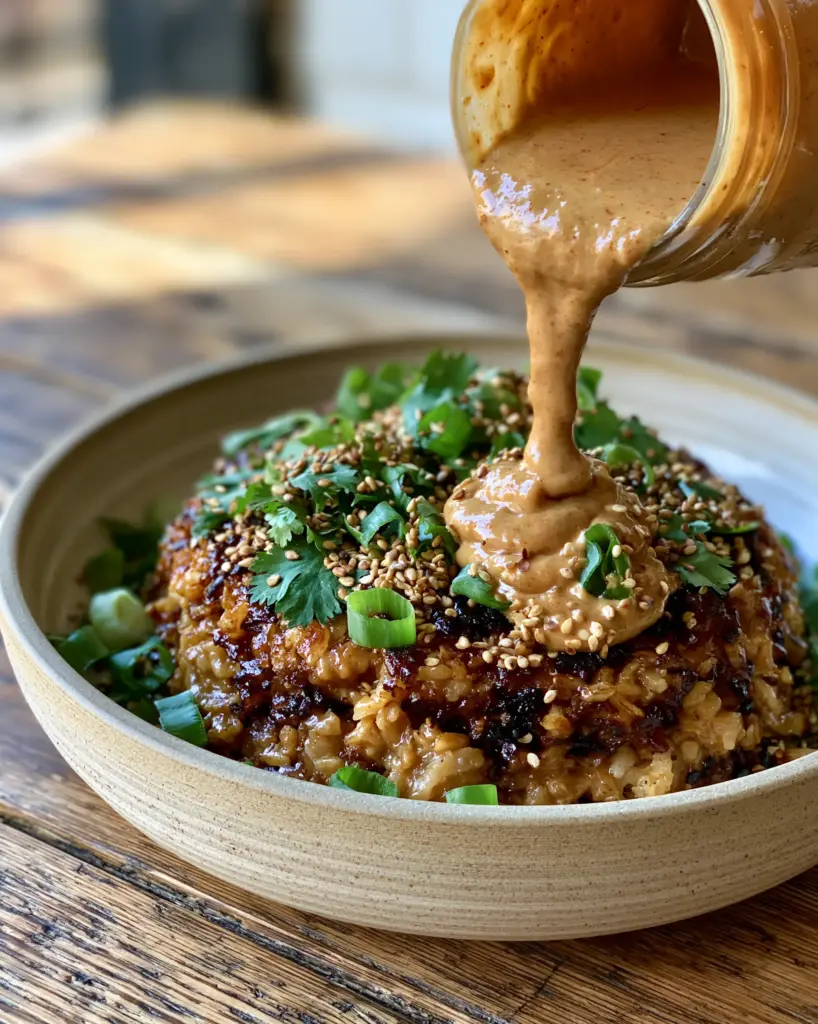 Close up photo of deeply caramelized golden-brown toasted rice in a beige ceramic bowl. (savory secrets)