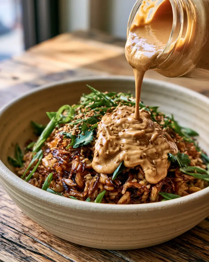 Handheld smartphone photo of a finished savory dinner bowl with vibrant green cilantro and scallions over peanut sauce.
