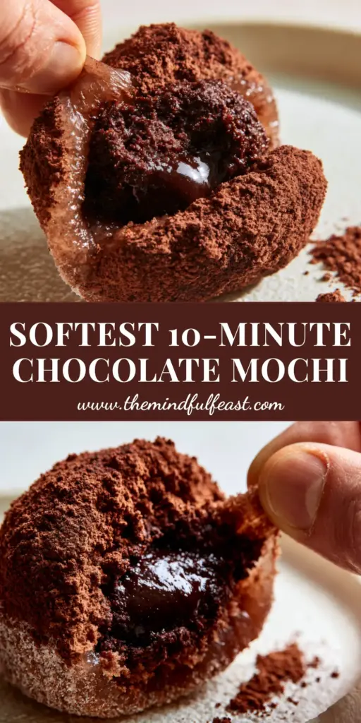 Chocolate Mochi: The Ultimate Stretchy and Molten Ganache Recipe 4 A hand pulling apart a chocolate mochi to reveal a molten dark chocolate ganache center and elastic texture.