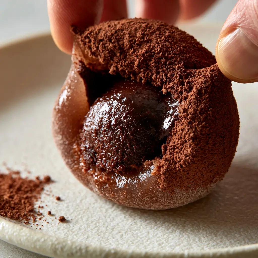 Chocolate Mochi: The Ultimate Stretchy and Molten Ganache Recipe 2 Macro shot of cocoa-dusted chocolate mochi being stretched by hand on a ceramic plate.