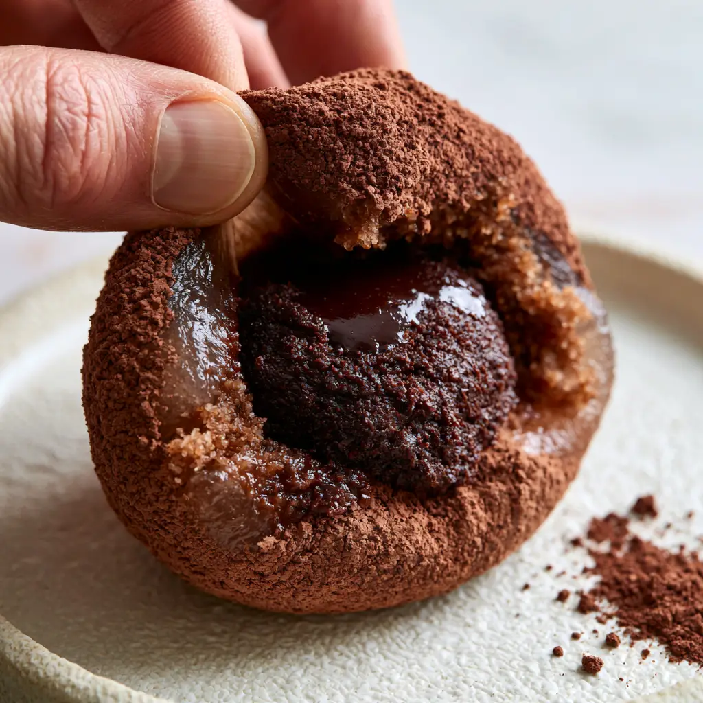 Chocolate Mochi: The Ultimate Stretchy and Molten Ganache Recipe 1 Close-up of the molten chocolate ganache center inside a soft chocolate mochi shell.