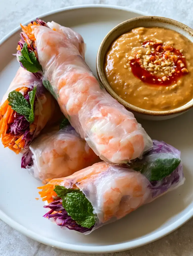 Stoneware bowl of creamy tan peanut sauce topped with a red chili oil swirl and crushed peanuts next to fresh rolls. (Vietnamese Rice Paper Rolls Recipe)