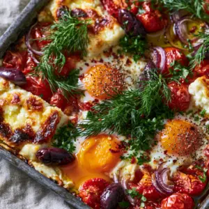 Macro shot of bubbling feta cheese and olive oil emulsion with charred cherry tomatoes. (Mediterranean Baked Feta Eggs)
