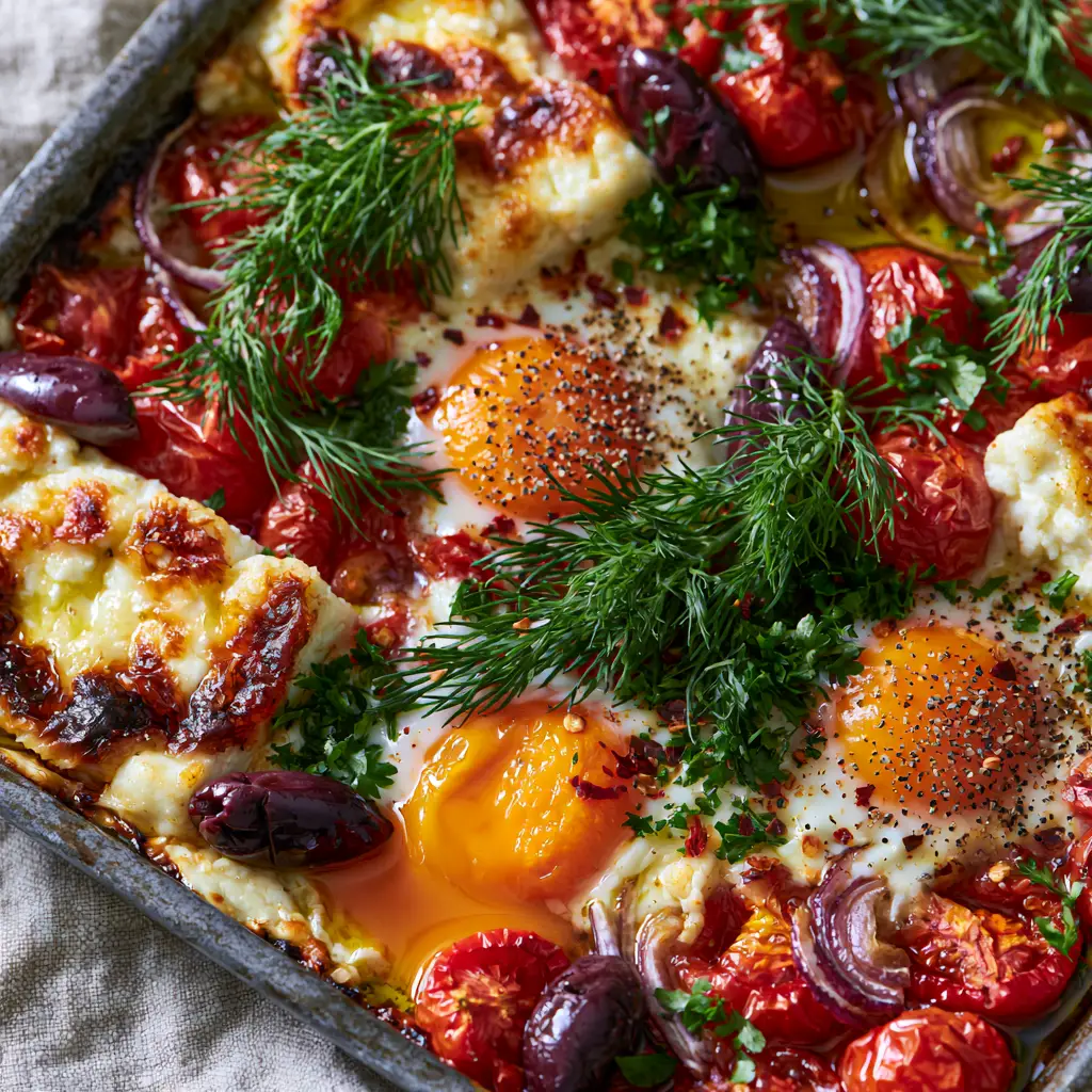 Mediterranean Baked Feta Eggs with Blistered Tomatoes and Sourdough 2 Macro shot of bubbling feta cheese and olive oil emulsion with charred cherry tomatoes. (Mediterranean Baked Feta Eggs)