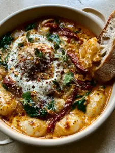 Close up of plump white butter beans submerged in a thick glossy golden orange sauce with wilted spinach. (tuscan marry me butter beans)