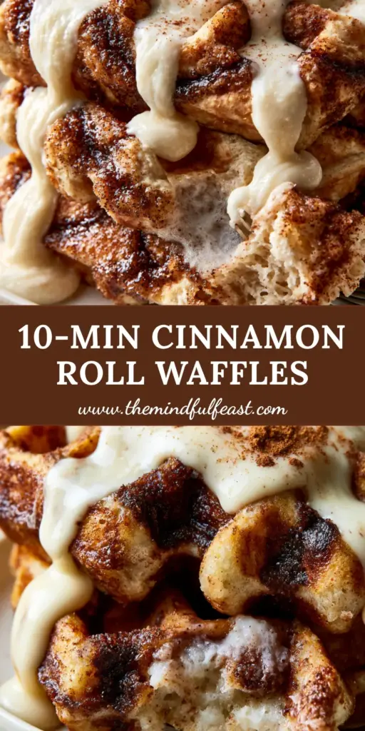 Cinnamon Waffles with Glistening Caramel Swirl and Thick Cream Cheese Glaze 4 A tall stack of golden-brown Belgian cinnamon waffles with deep pockets, topped with thick ivory cream cheese glaze and a dusting of cinnamon powder.
