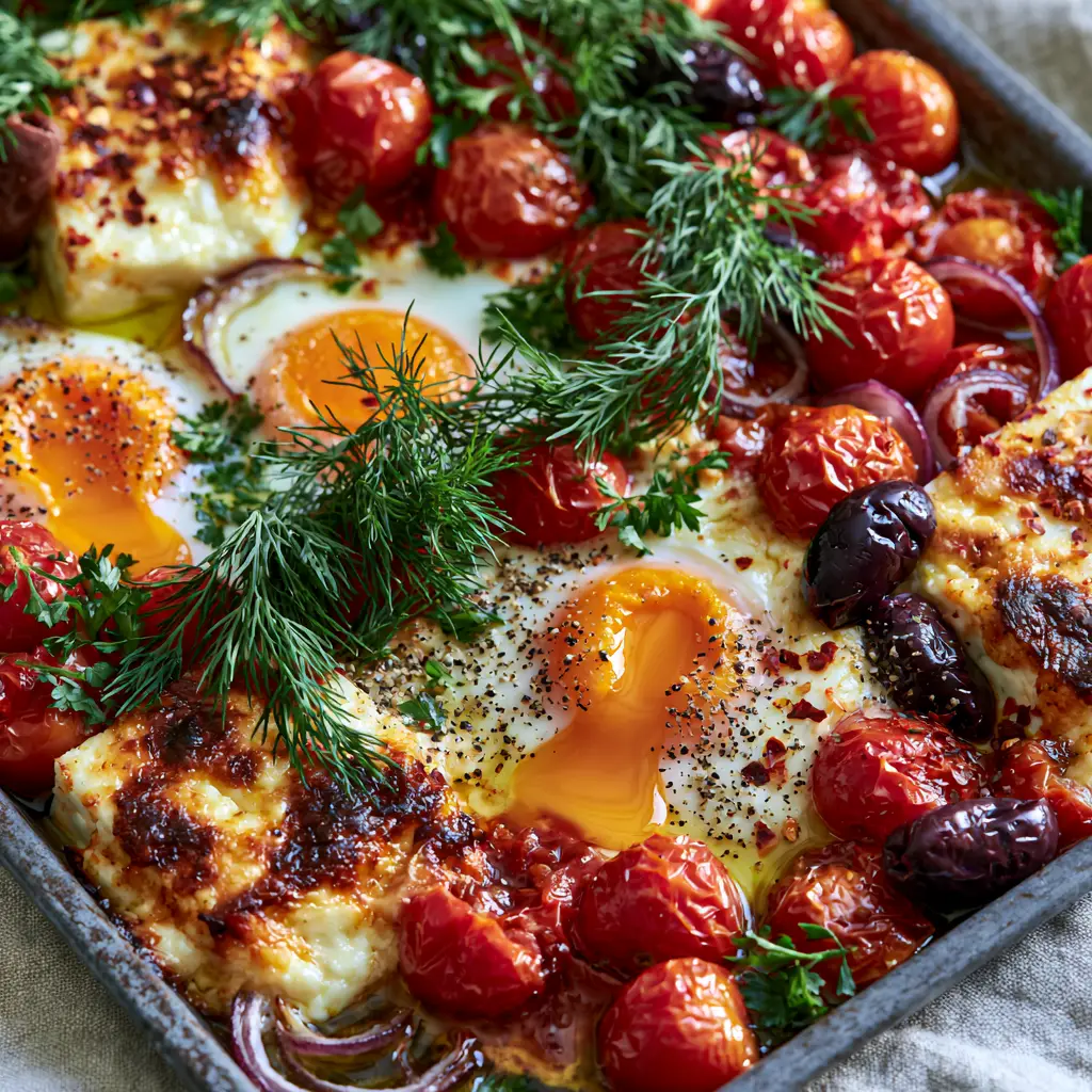 Mediterranean Baked Feta Eggs with Blistered Tomatoes and Sourdough 1 Close up of a poached egg with a runny orange yolk being dipped into with toasted sourdough bread. (Mediterranean Baked Feta Eggs)