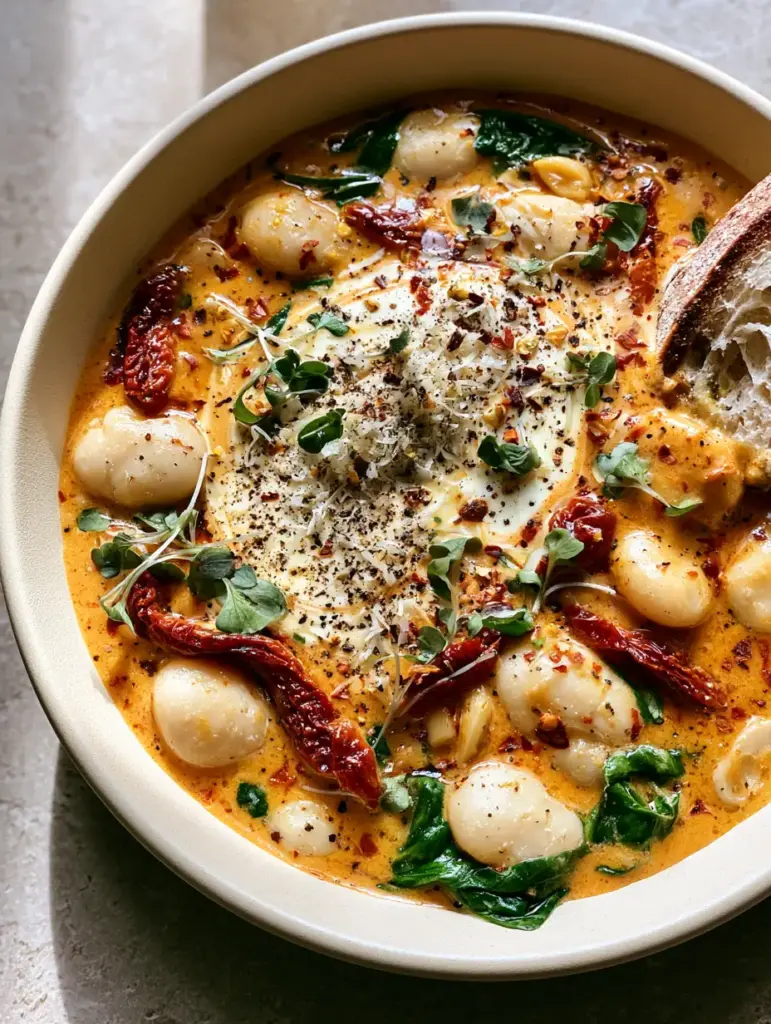 Tuscan Marry Me Butter Beans with Sun-Dried Tomatoes and Cream 1 Rustic sourdough bread being dipped into a ceramic skillet of tuscan marry me butter beans.
