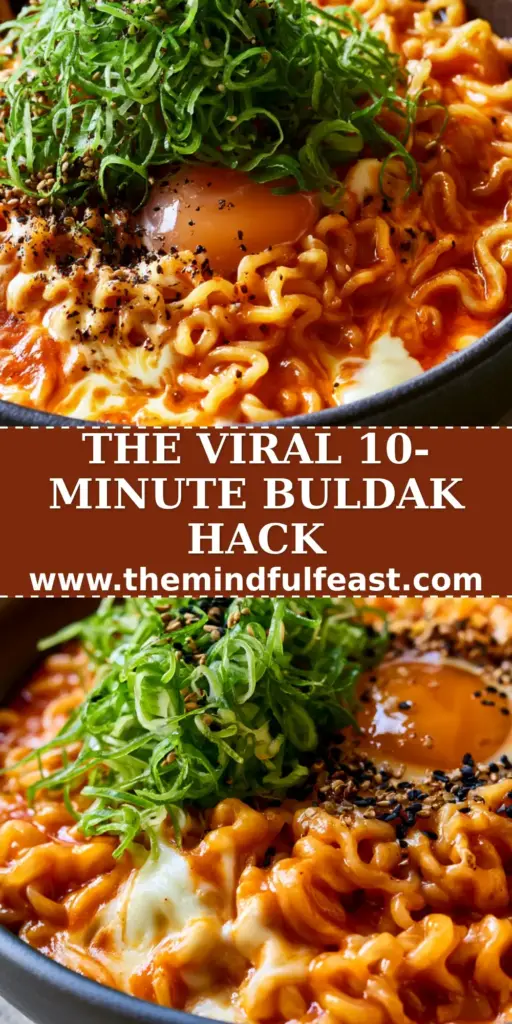 Buldak Noodles: The Ultimate Creamy Spicy Korean Ramen Recipe 4 A dark matte ceramic bowl overflowing with thick wavy Buldak ramen noodles in a glossy red sauce with mozzarella cheese and a jammy egg. (Buldak)