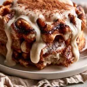 Macro close-up of Belgian cinnamon waffles showing a dark glistening cinnamon swirl and thick ivory glaze mid-drip into crisp iron-pressed pockets.