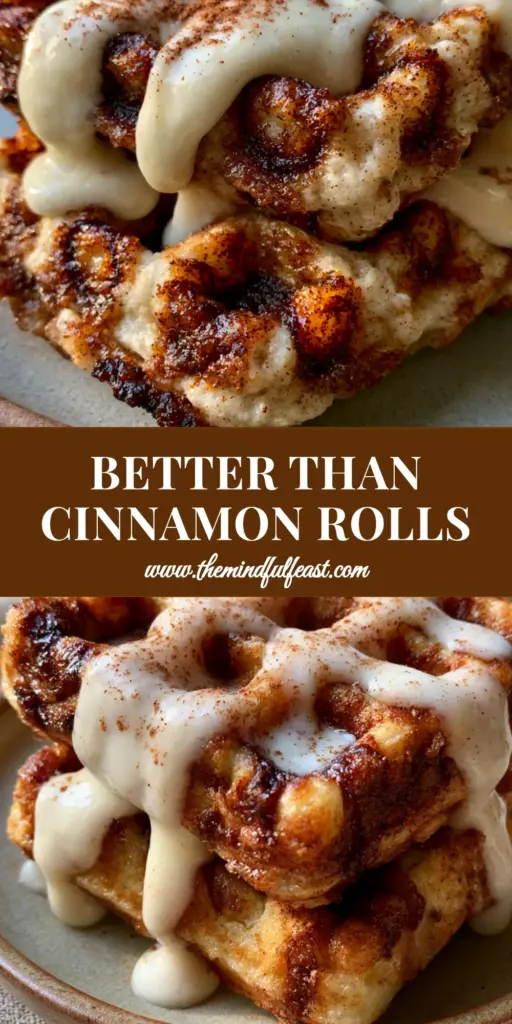A stack of two thick Belgian cinnamon brown sugar waffles with deep pockets, dark amber sugar swirls, and heavy ribbons of white cream cheese glaze.