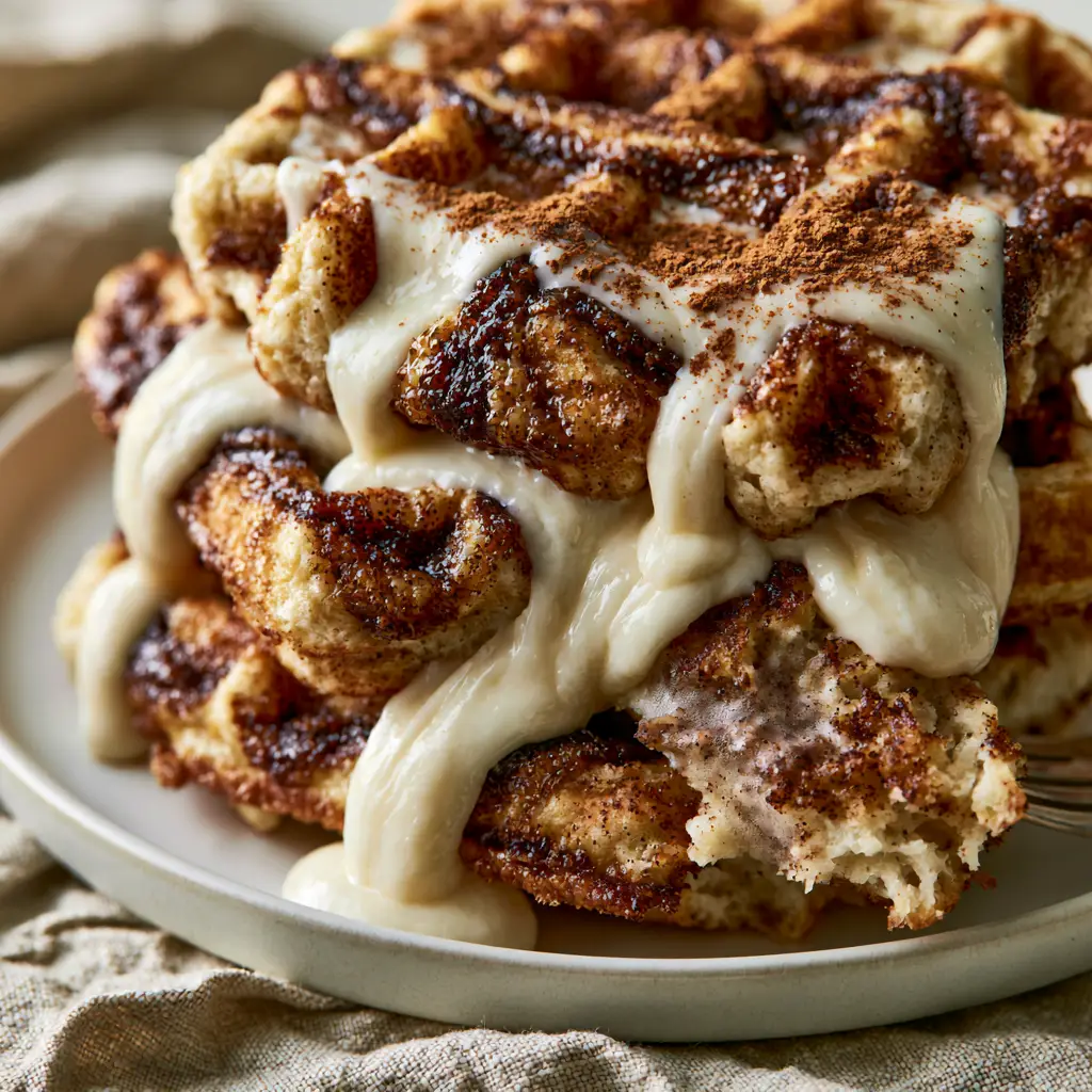 Cinnamon Waffles with Glistening Caramel Swirl and Thick Cream Cheese Glaze 1 A fork pulling away a piece of cinnamon waffle revealing a soft, steamy, airy interior crumb and caramelized cinnamon edges.