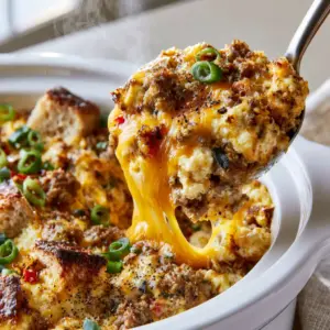 Detailed view of fluffy eggs, green scallions, and red peppers in a white slow cooker. (overnight crockpot breakfast recipes)