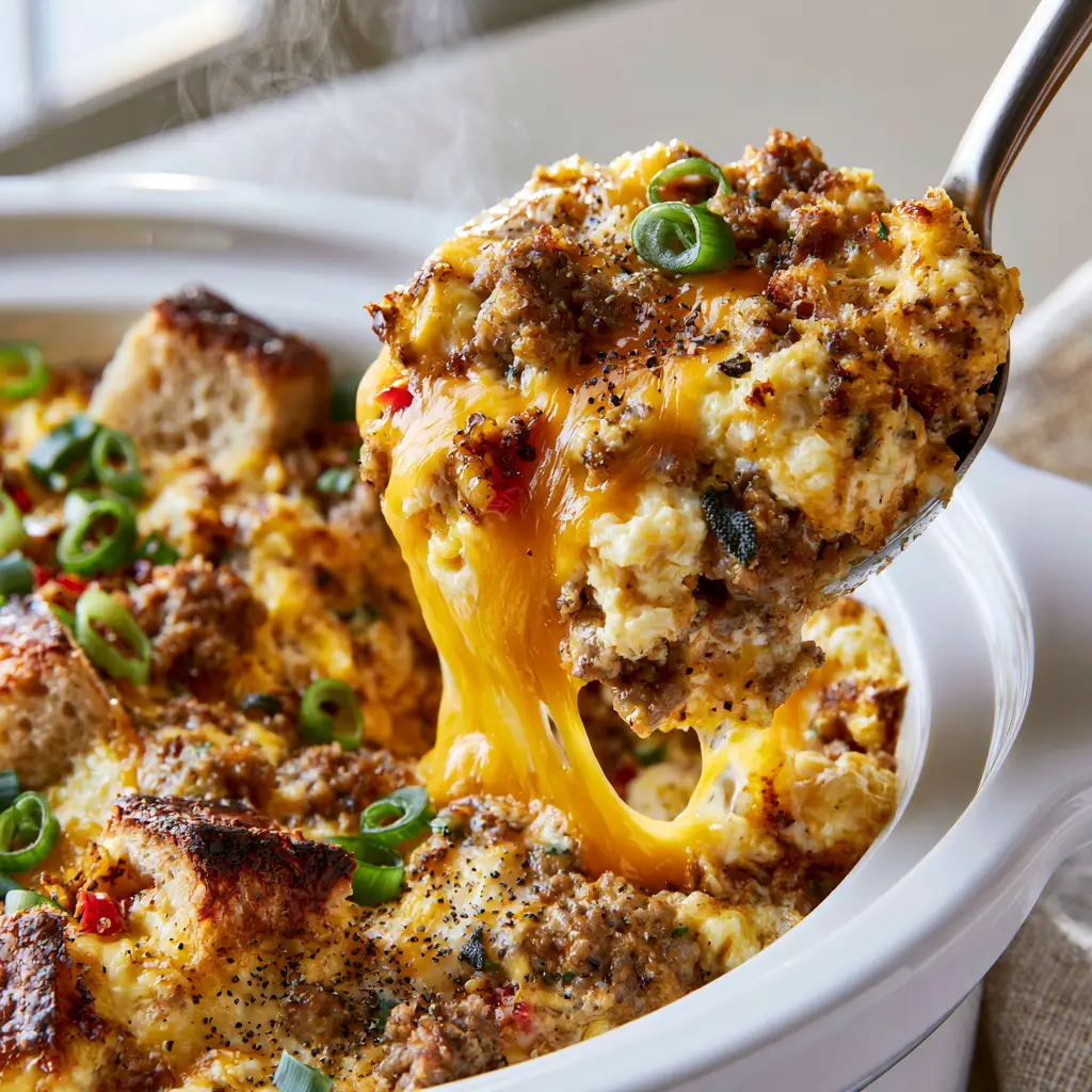 Detailed view of fluffy eggs, green scallions, and red peppers in a white slow cooker. (overnight crockpot breakfast recipes)