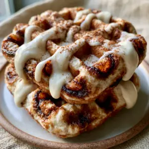 Close-up of golden-brown cinnamon brown sugar waffles showing charred crispy edges and deep square pockets filled with glaze.