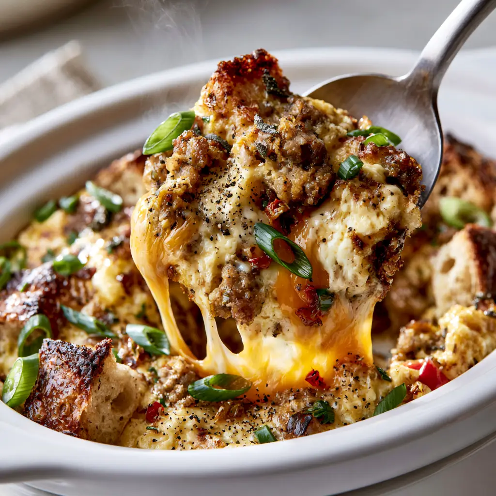 Close-up of a serving spoon lifting a cheesy portion of breakfast strata from a ceramic pot.