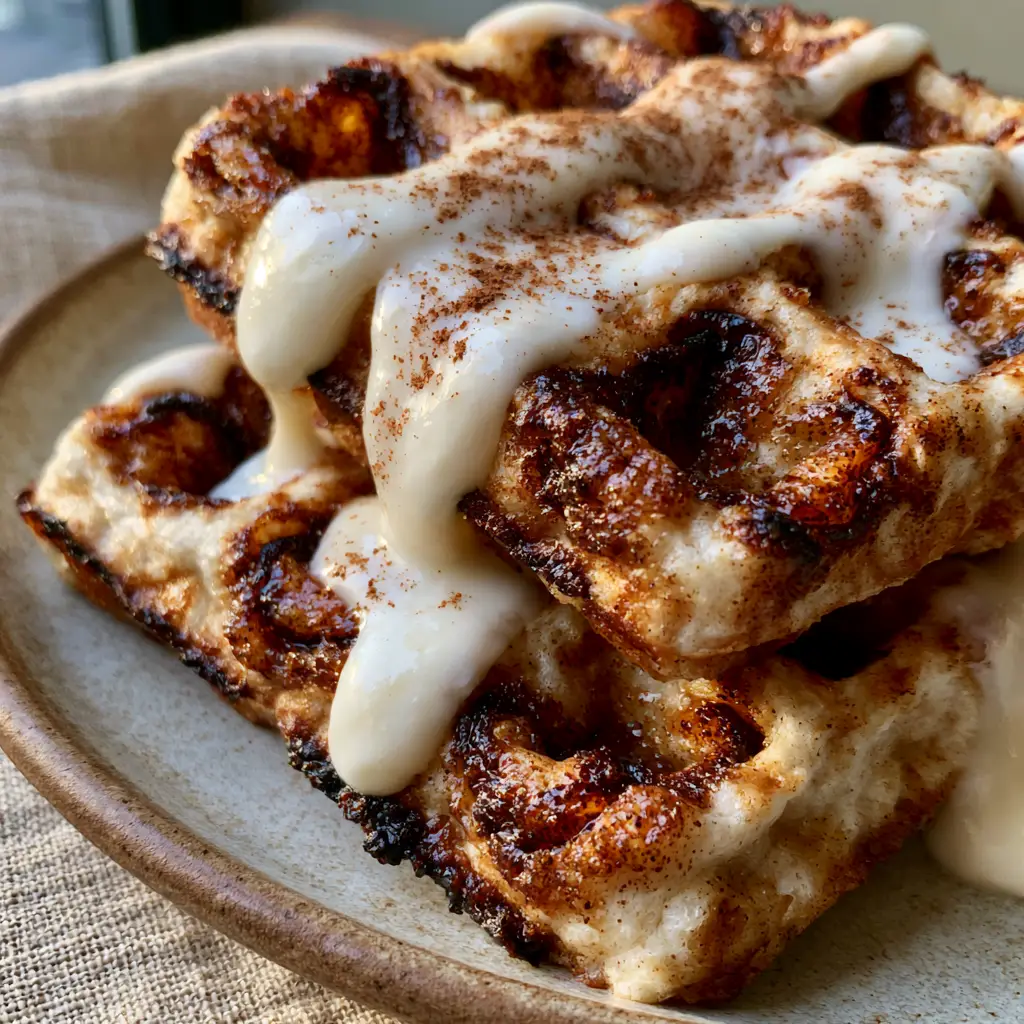 Overhead smartphone photo of cinnamon brown sugar waffles with a thick white cream cheese glaze on a rustic plate.