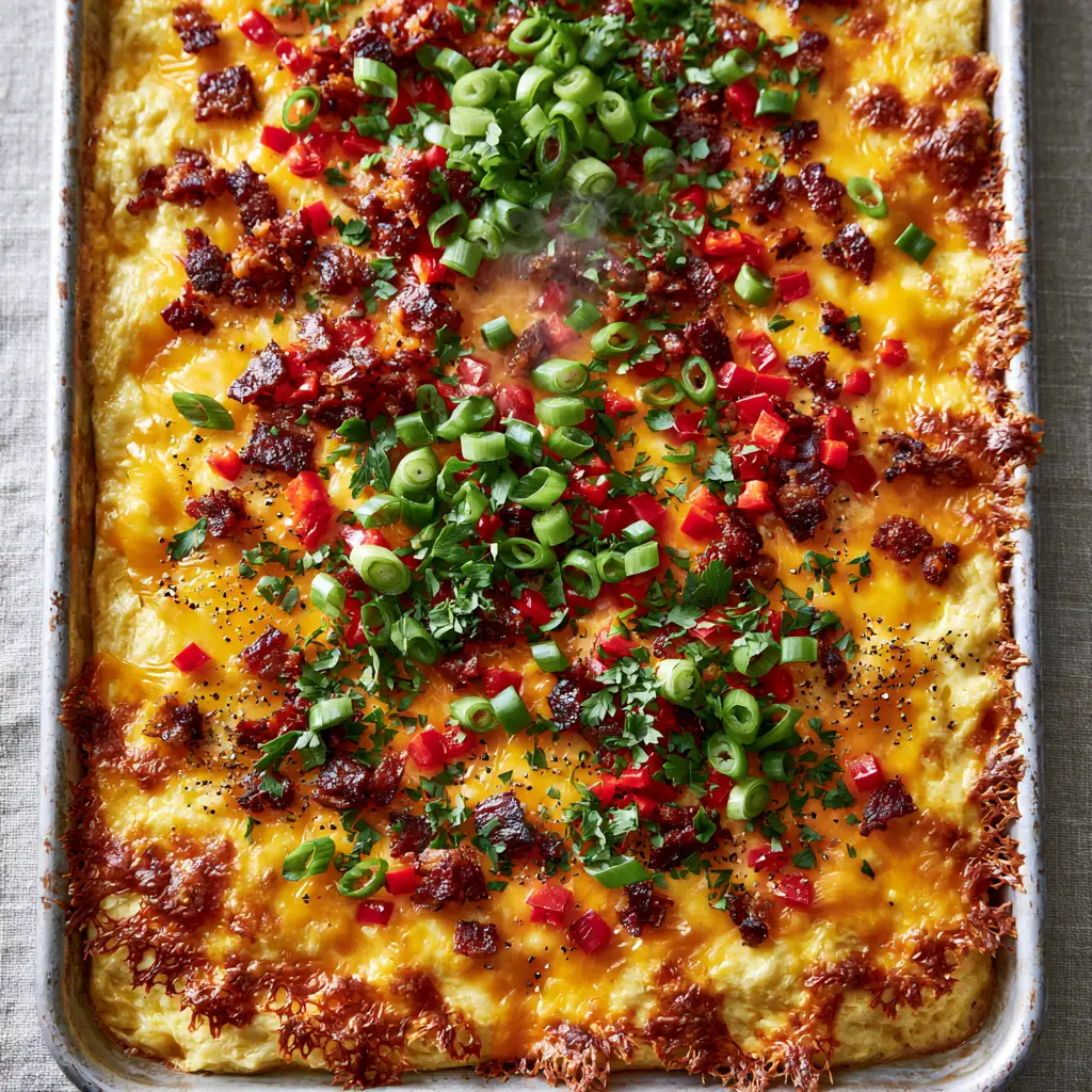 Close-up of lacy browned cheese edges and fresh green scallions on a breakfast egg bake.