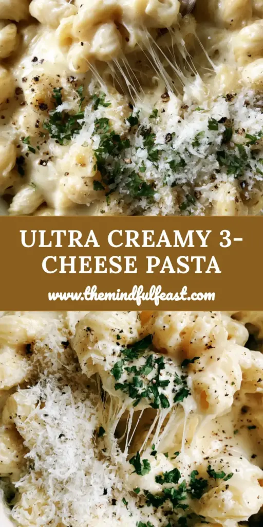 Three-Cheese Pasta with Glossy Gruyere and Sharp Cheddar 3 Top-down view of creamy three-cheese pasta in a white ceramic pot with a vintage spoon lifting noodles and creating long cheese strings.